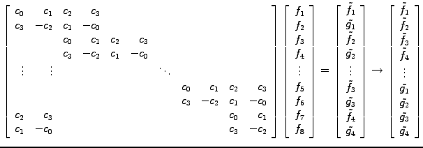 $\displaystyle \left[\begin{array}{rrrrrrrrrrr}
c_0 & c_1 & c_2 & c_3 & & & & & ...
...ts \\
\tilde{g_1}\\ \tilde{g_2}\\ \tilde{g_3}\\ \tilde{g_4}
\end{array}\right]$